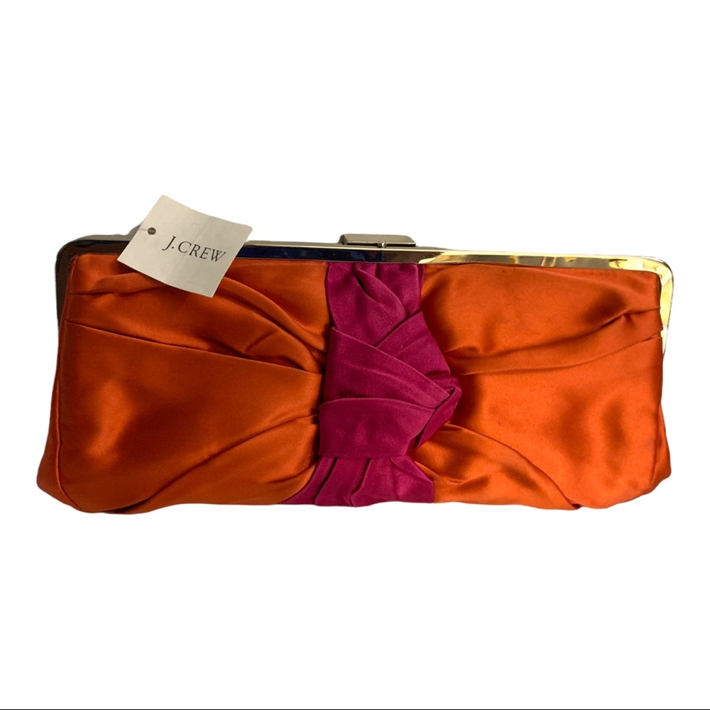 NWT J. CREW 💯% Silk Cinched Ribbon Clutch Pink & Orange Evening Purse